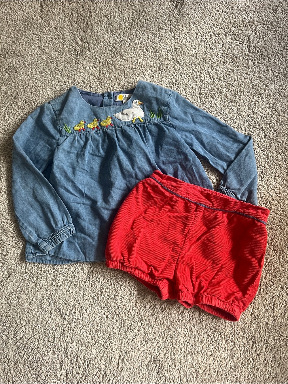 Baby Boden Blue Duck Embroidered Top with Red Corduroy Shorts
